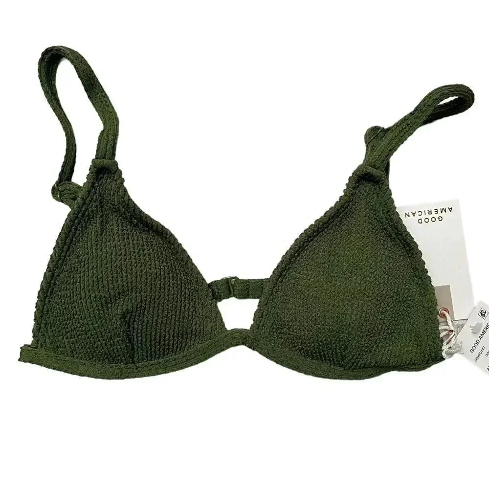 Good American Always Fits Textured Triangle Bikini Top XS Green Pesto NWT - Picture 3 of 11